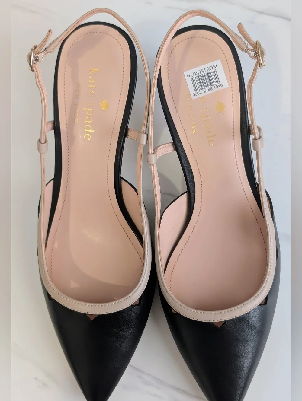 Kate Spade Veyda Slingback Kitten Heels Black Warm Beige Pointed Toe 8B NWOB